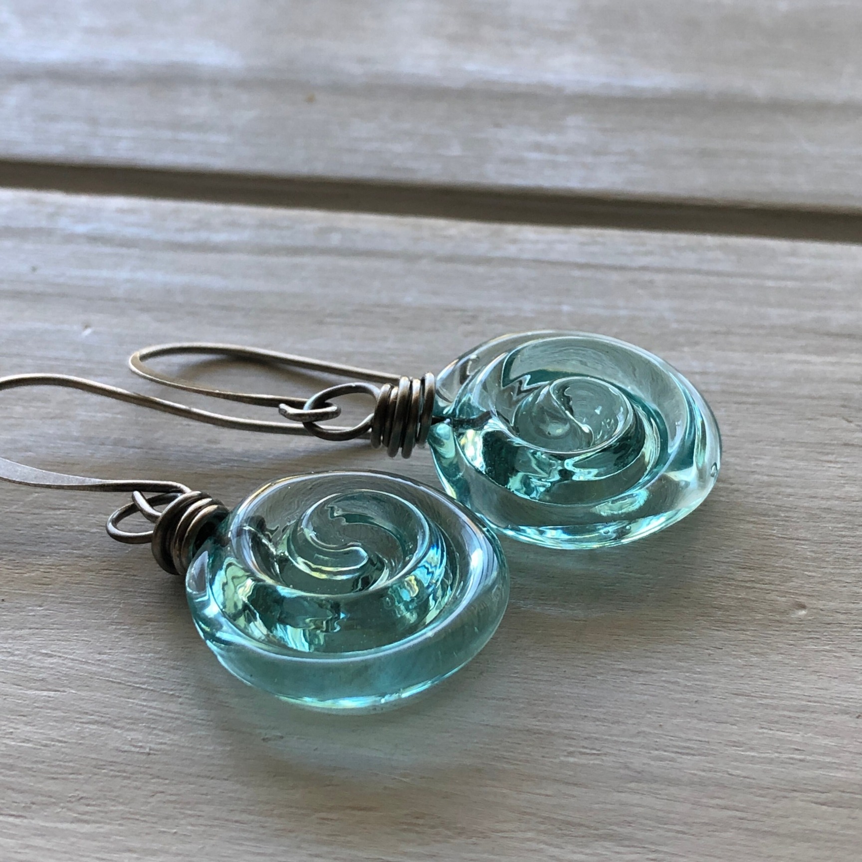Recycled Glass Spiral Earrings: Upcycled Mason Jar Dangles