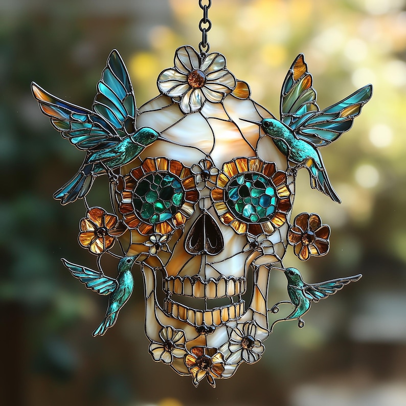 Hummingbird Skull Acrylic Window Hanging Faux Stained Glass Suncatcher