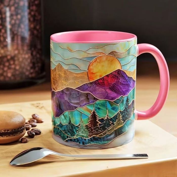 ☀️ Sunset in Your Hands | Stained Glass Mountain Mug