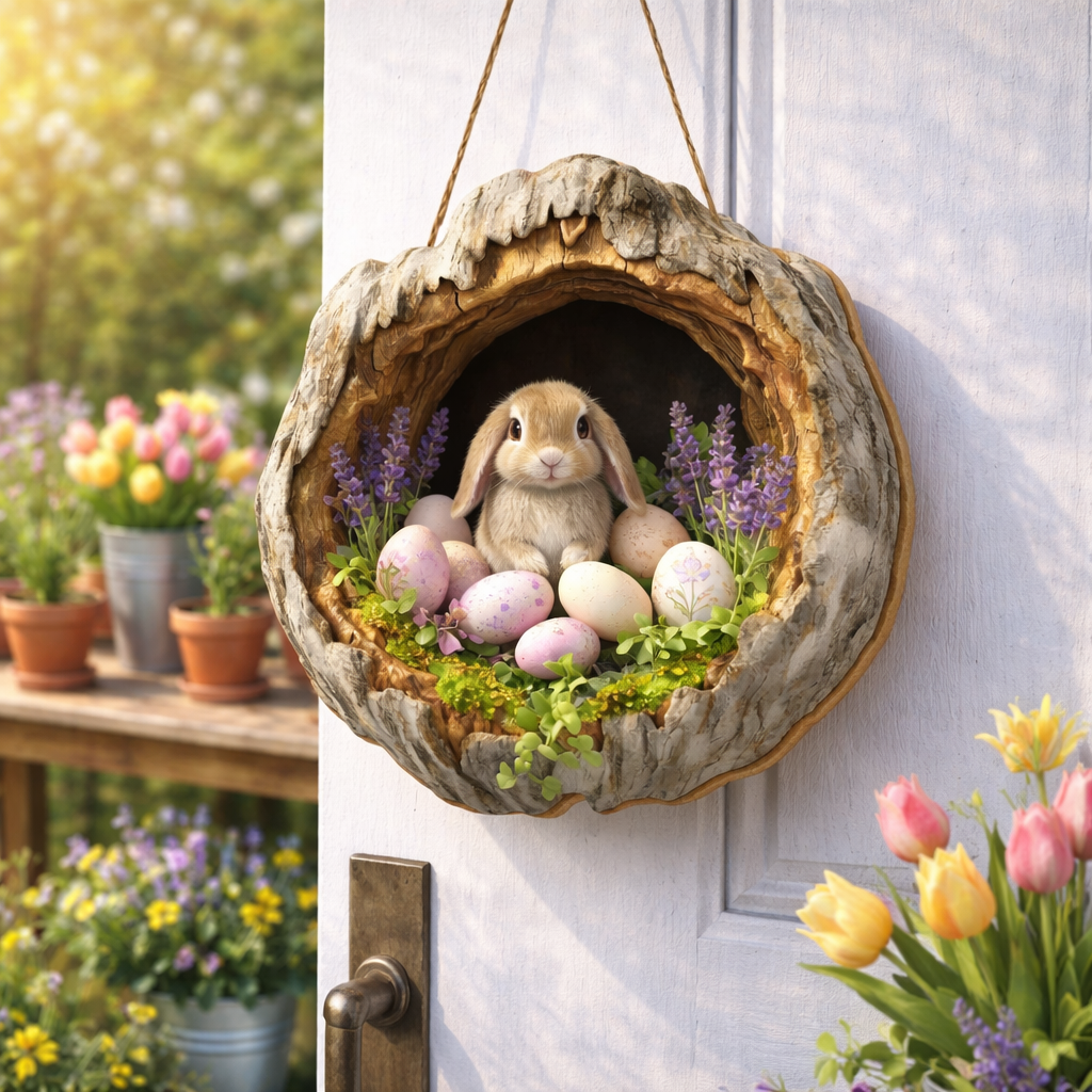🌸 Easter Wooden Door Hanger – 3D Spring Bunny Decoration