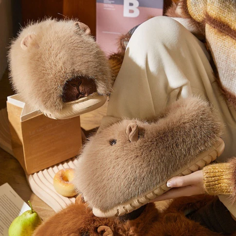 Plush Capybara Slip-On Slippers | Fluffy Indoor Shoes