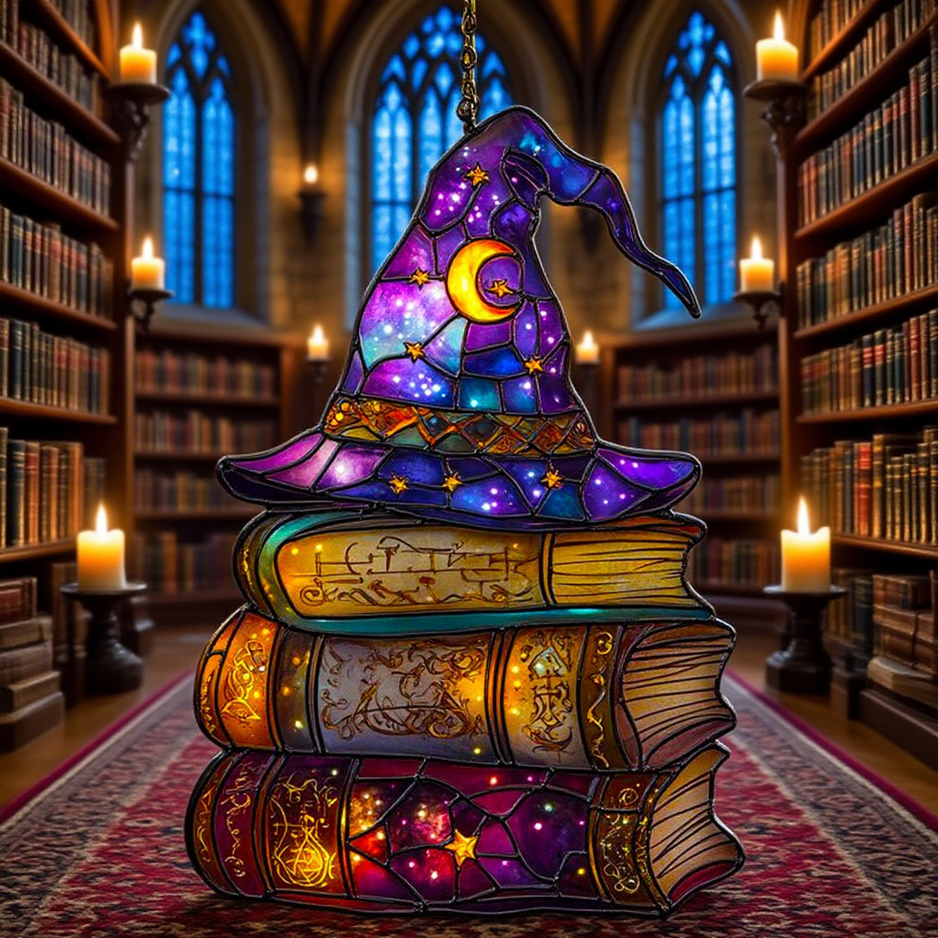 Wizard’s Hat Suncatcher – Starry Night, Spellbooks & Arcane Charm 