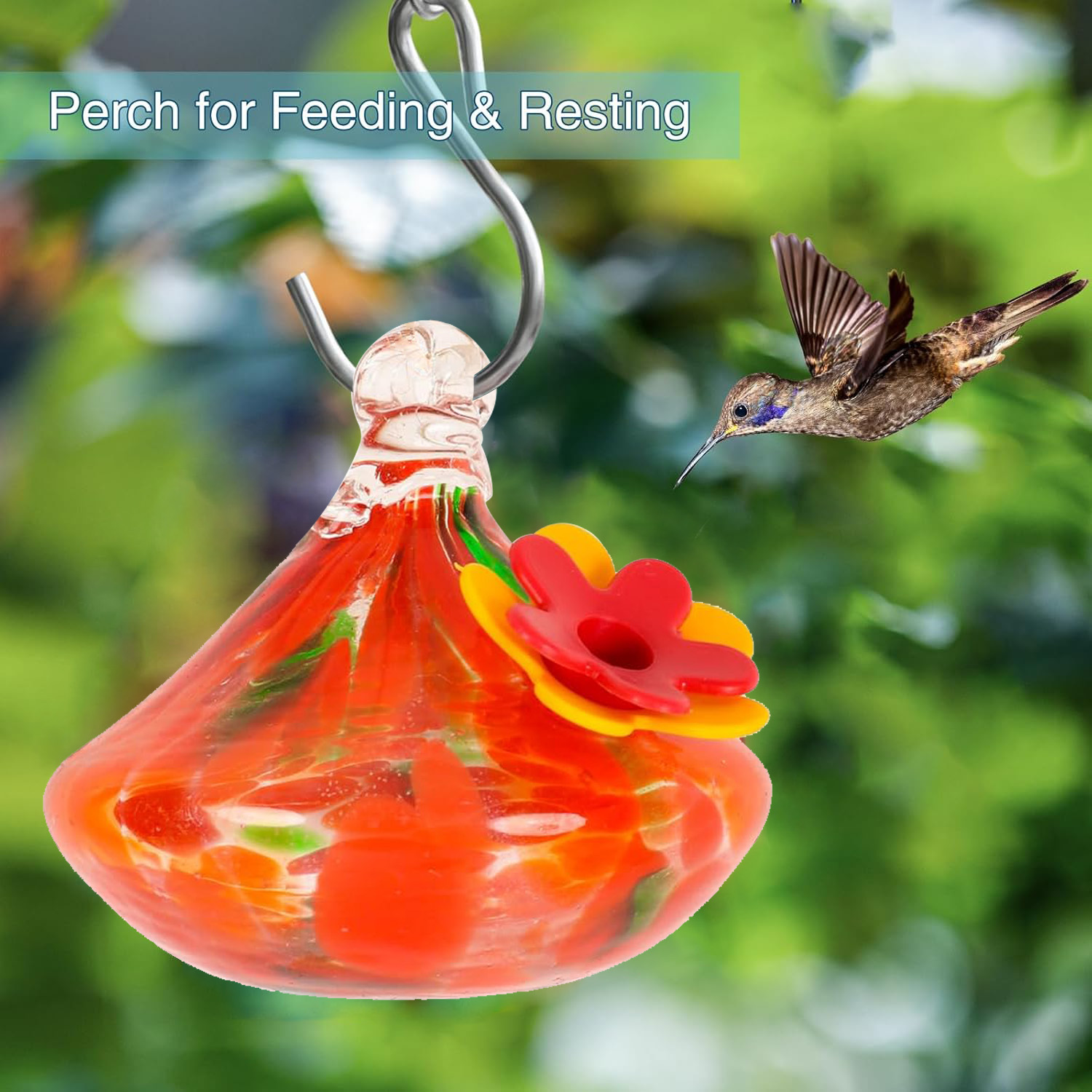 Handcrafted Glass Hummingbird Feeder with Flower Decoration