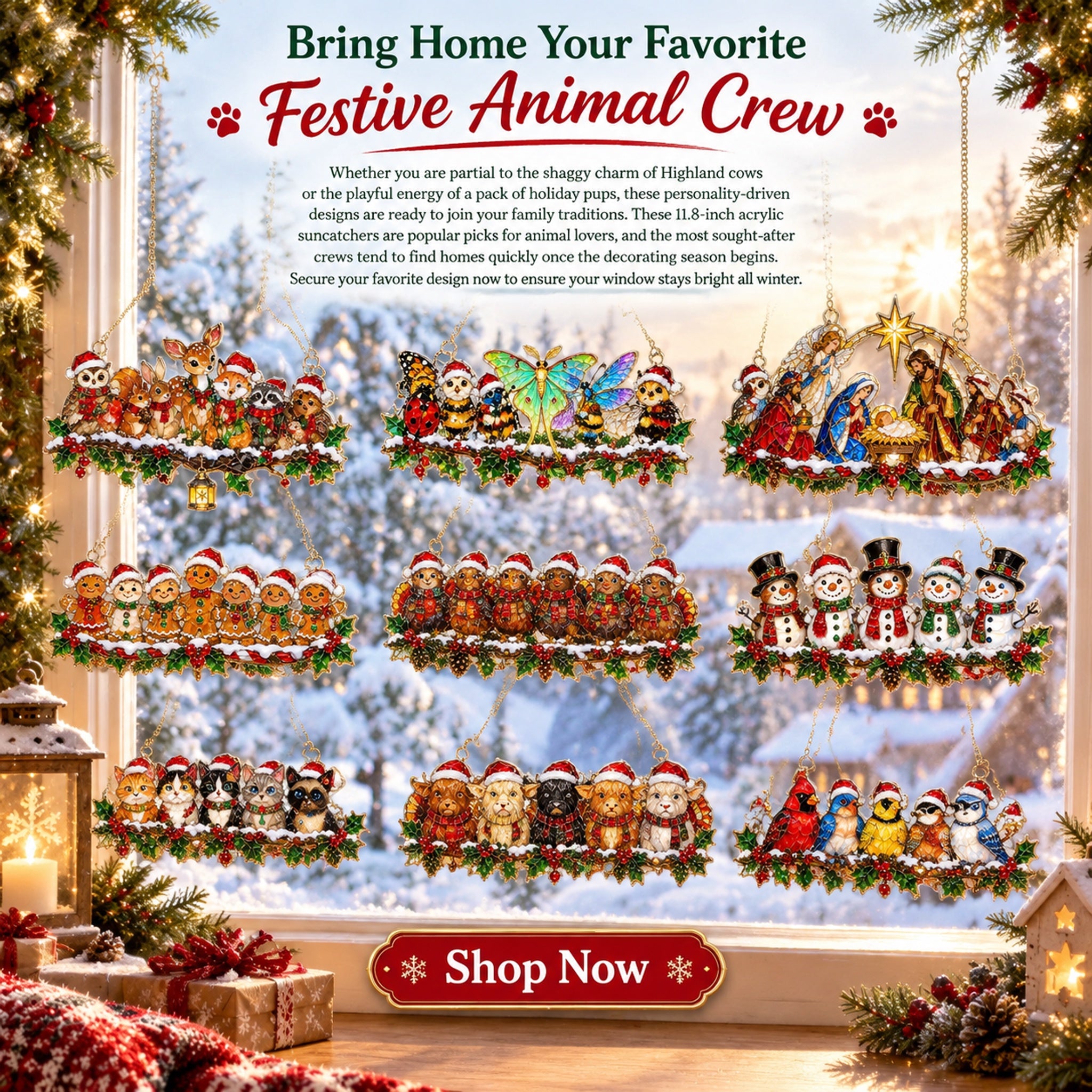 Whimsical Winter Suncatchers multiple festive animal designs