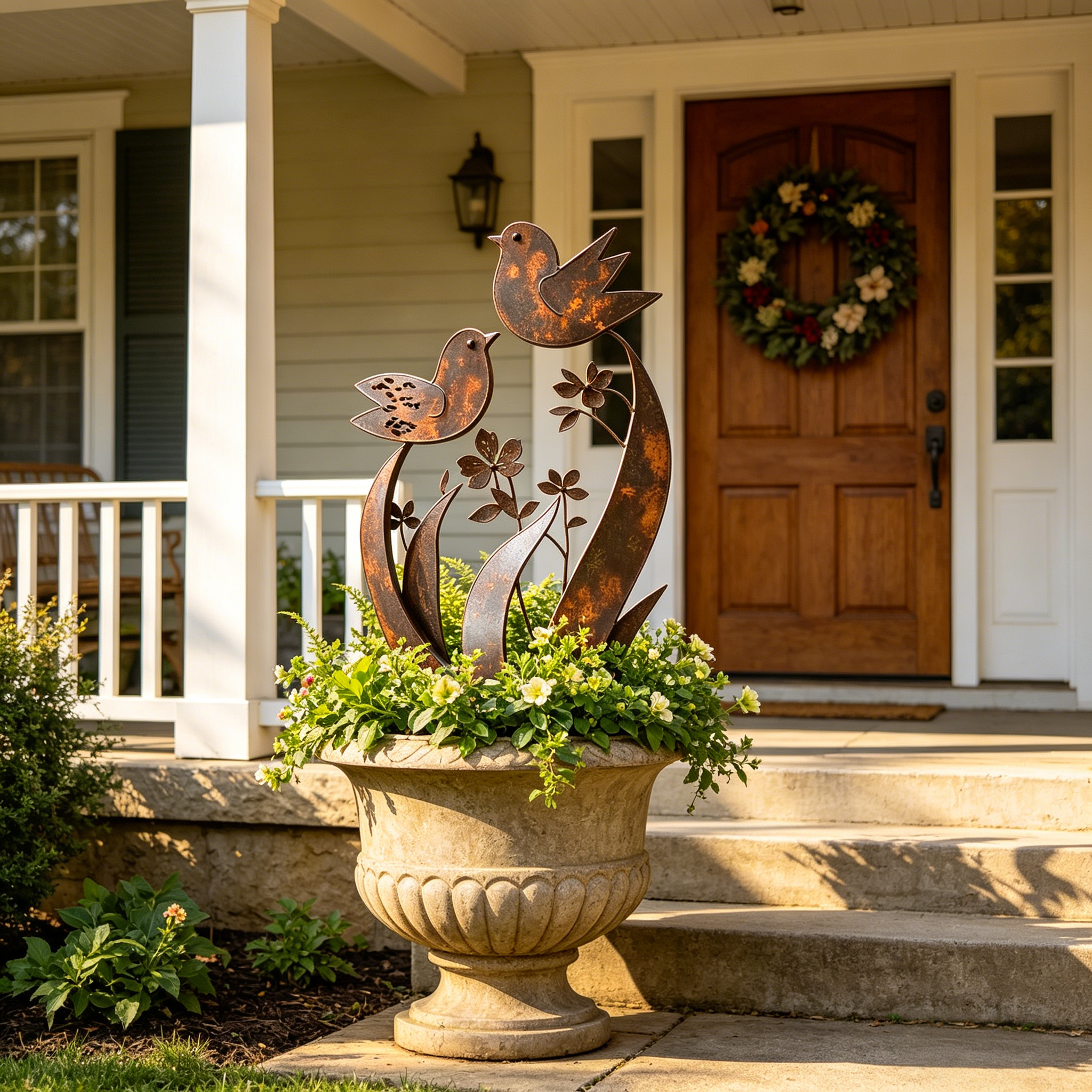 Rustic Bird & Wildflower Metal Garden Stake