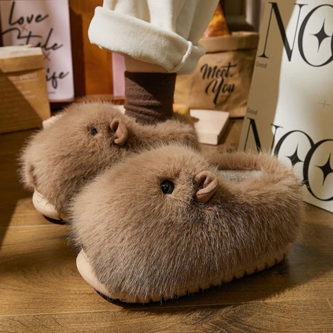 Plush Capybara Slip-On Slippers | Fluffy Indoor Shoes
