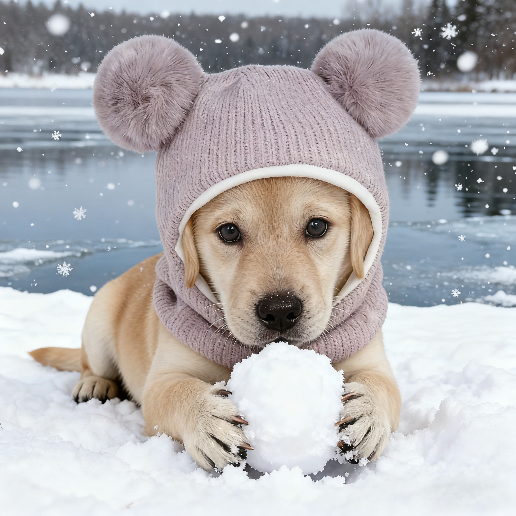Dog Winter Hat with Pom Poms