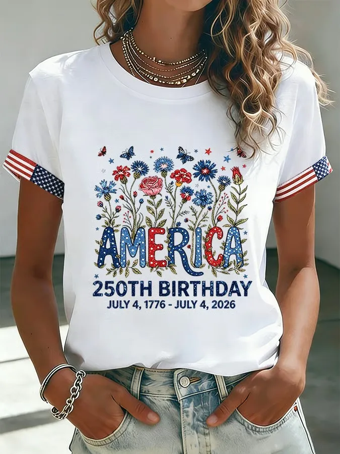 🔥Women's 250 Years Of Freedom Flower Art Print T-shirt
