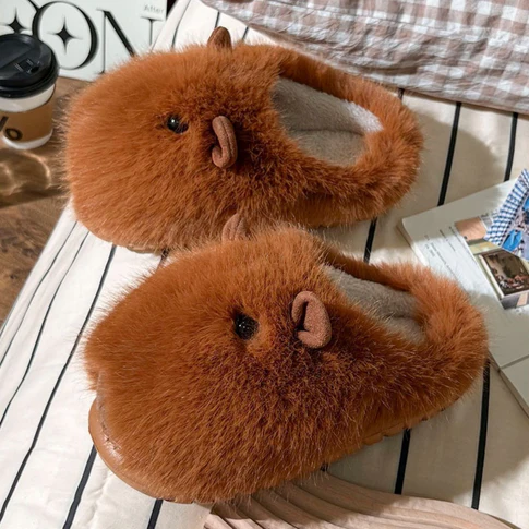 Plush Capybara Slip-On Slippers | Fluffy Indoor Shoes