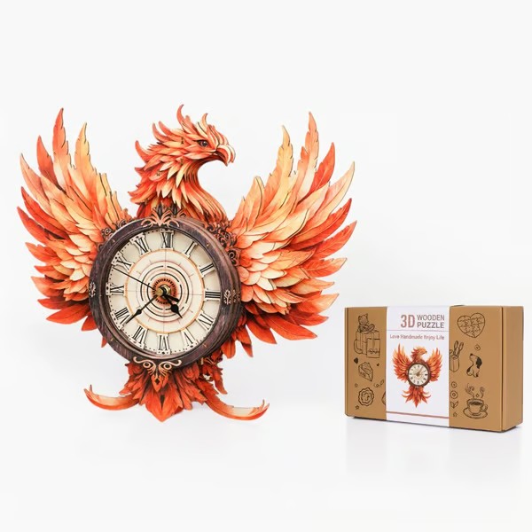 Fire Phoenix 3D Wooden Puzzle Clock, DIY Craft Kit