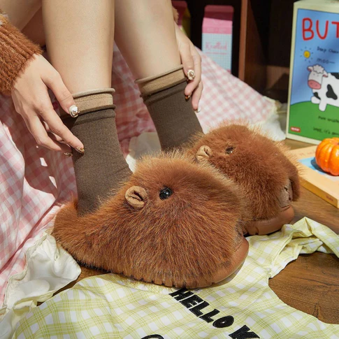 Plush Capybara Slip-On Slippers | Fluffy Indoor Shoes