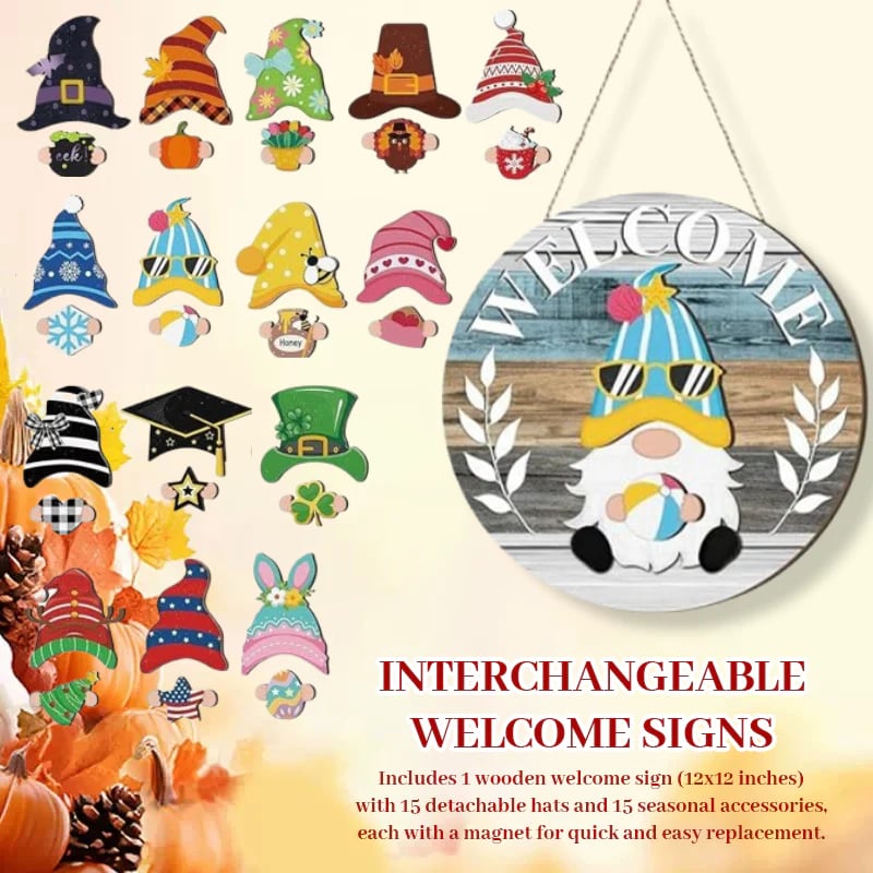 🎉Interchangeable Wooden Gnome Welcome Sign🎈