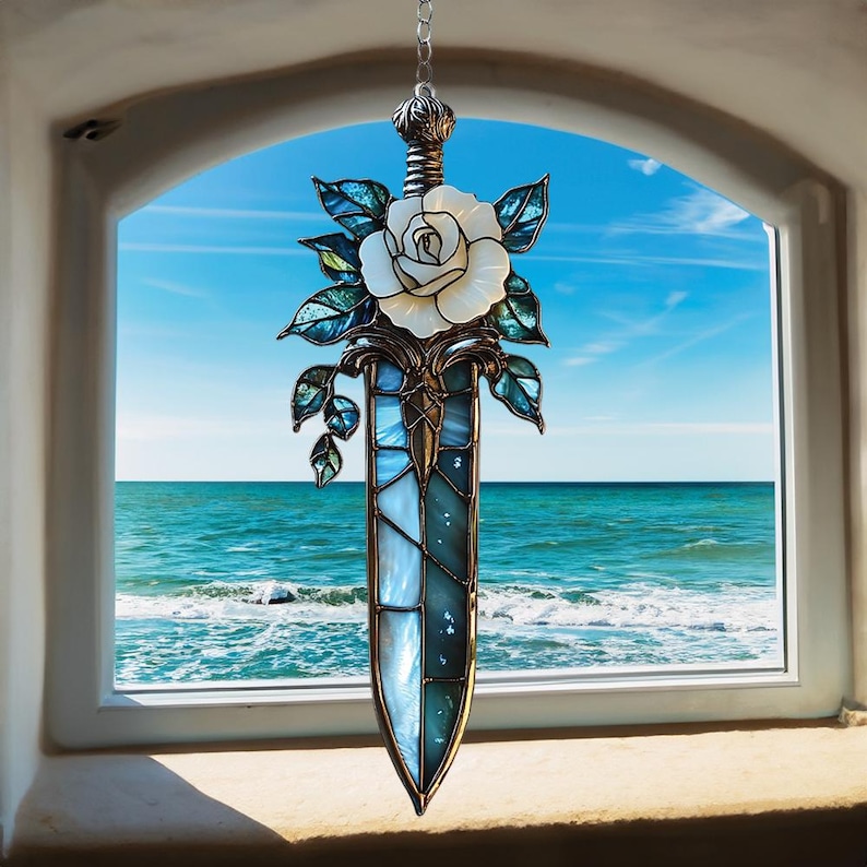 White Rose Sword Acrylic Suncatcher – Faux Stained Glass Fantasy Dagger Window Hanging image 5