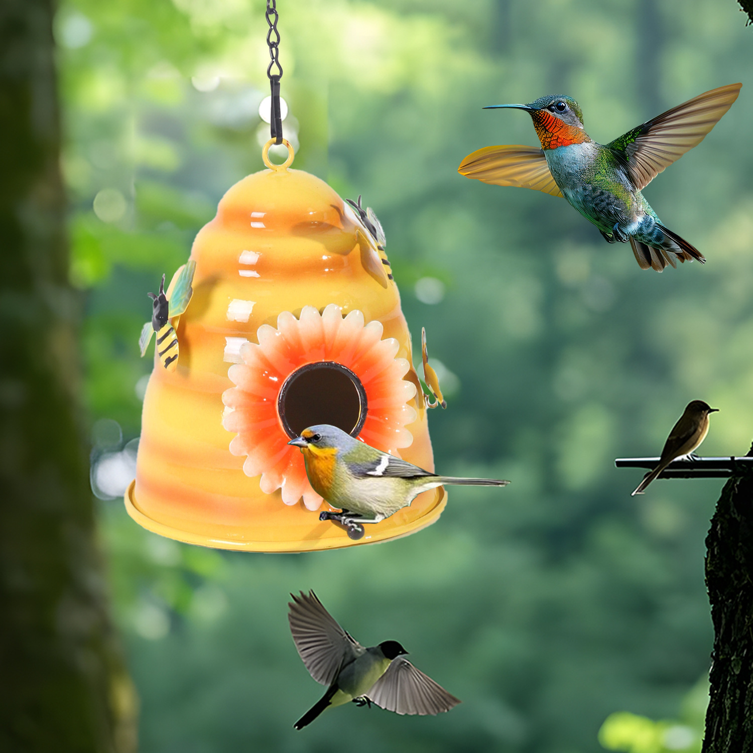 Metal Honeycomb Birdhouse With Bees And Flower