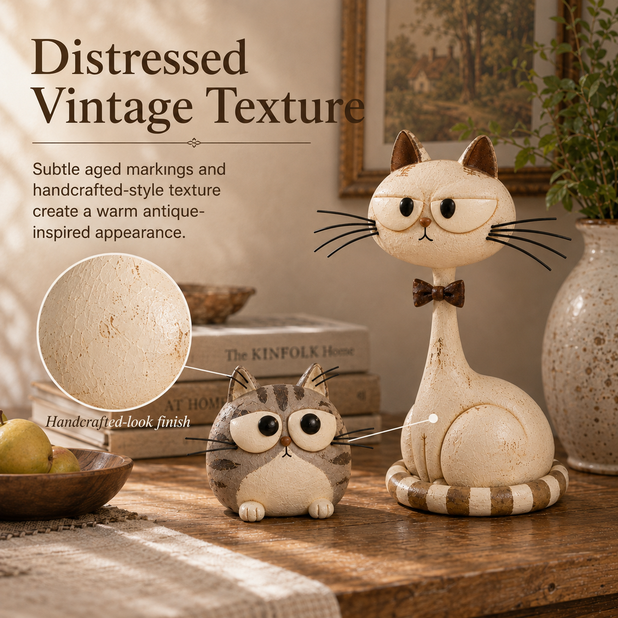 Vintage cat sculptures styled on a bookshelf or mantel