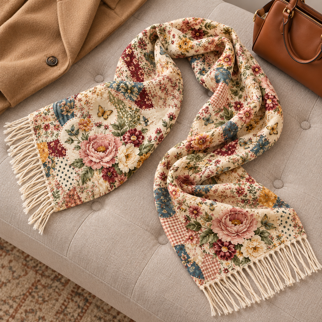 🌸 Vintage Garden Floral Winter Scarf – Elegant Fringed Wrap