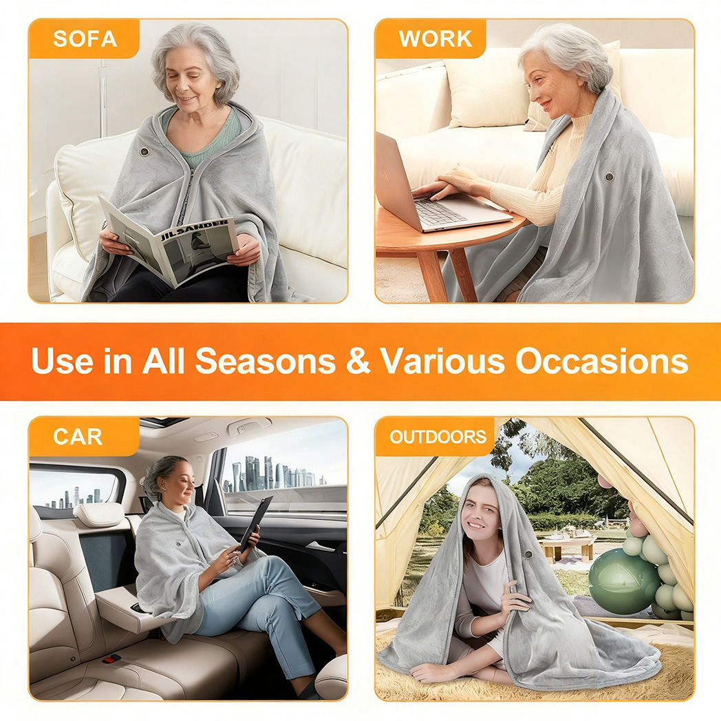 Heated Shawl Poncho Wrap Blanket with Zipper