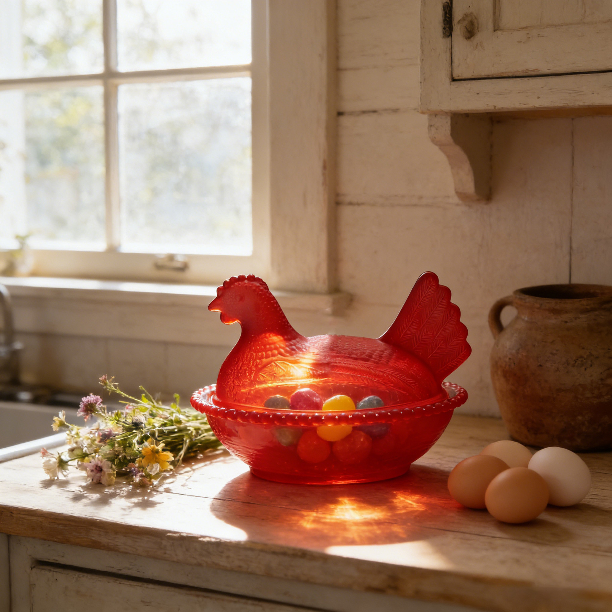 Vintage Pedestal Chicken Shaped Candy Crystal Bowl