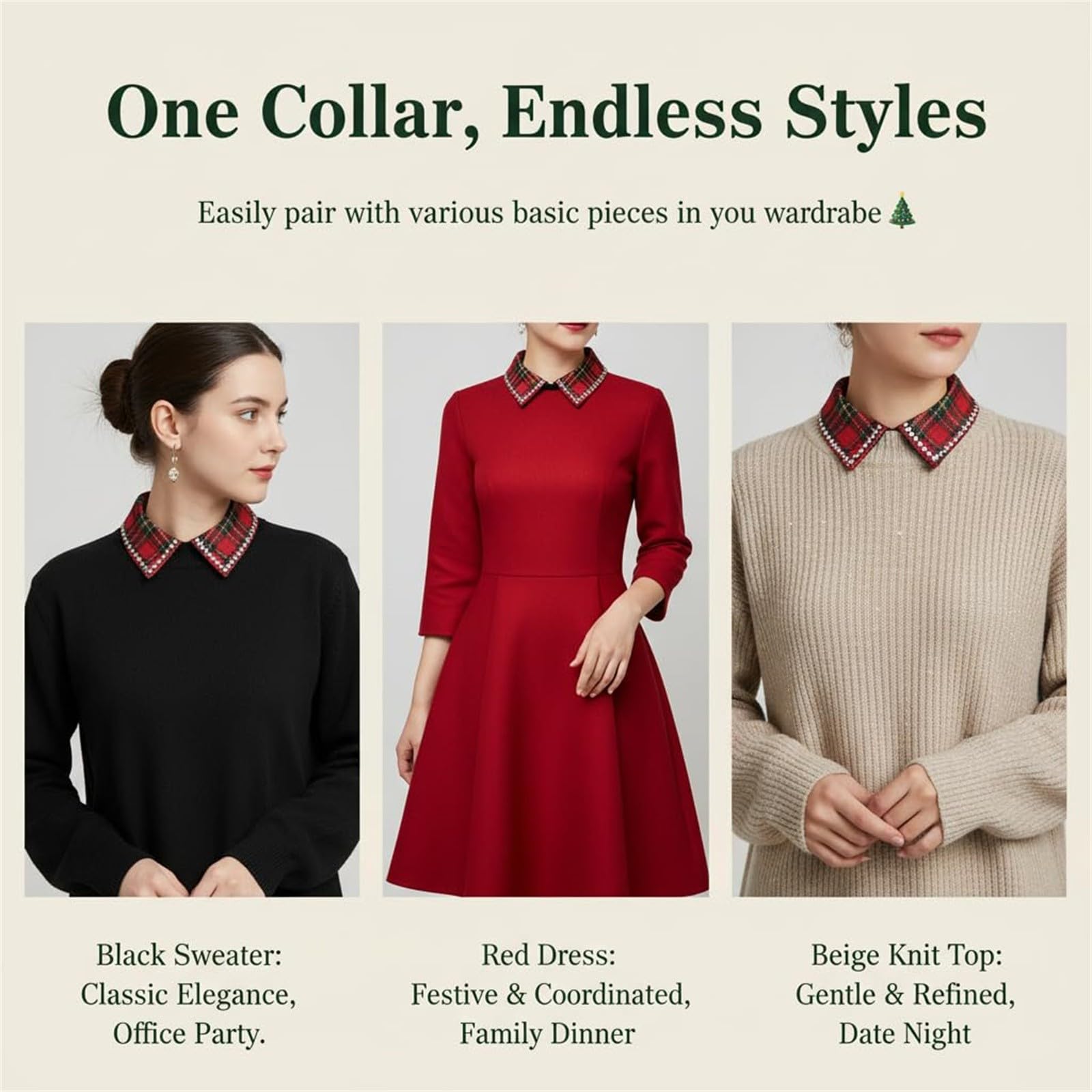 Red Christmas Plaid Rhinestone Detachable Half Shirt Blouse False Collar