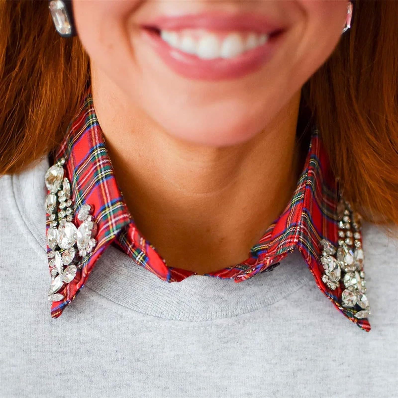 Red Christmas Plaid Rhinestone Detachable Half Shirt Blouse False Collar