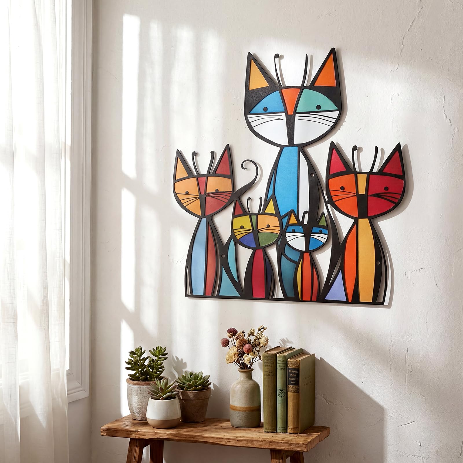 Colorful Mid-Century Cat Family Iron Wall Art Decor