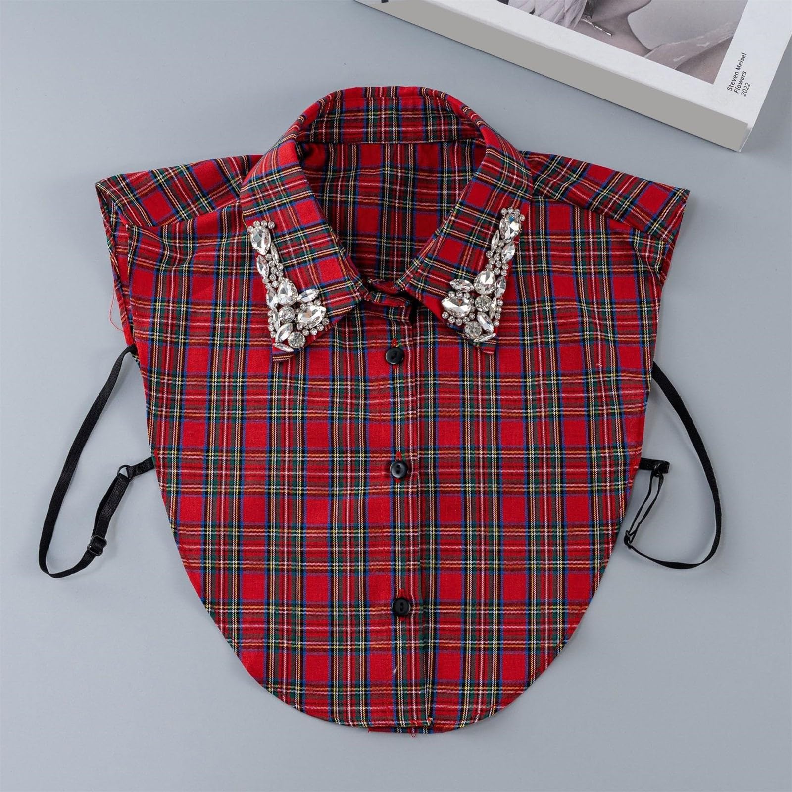 Red Christmas Plaid Rhinestone Detachable Half Shirt Blouse False Collar