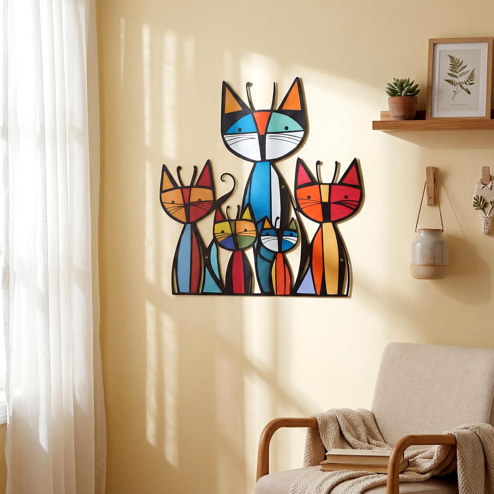 Colorful Mid-Century Cat Family Iron Wall Art Decor