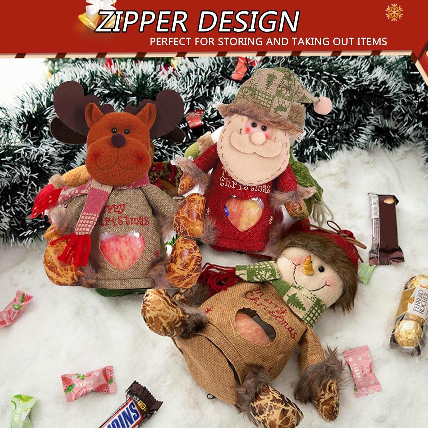 3pcs Christmas Gift Bags Zipper Design