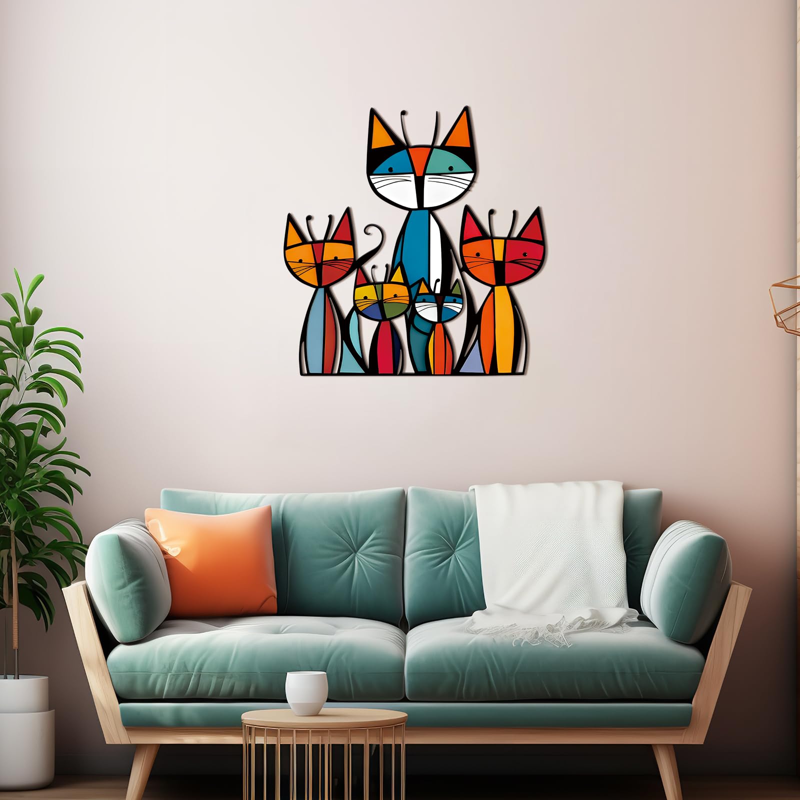 Colorful Mid-Century Cat Family Iron Wall Art Decor