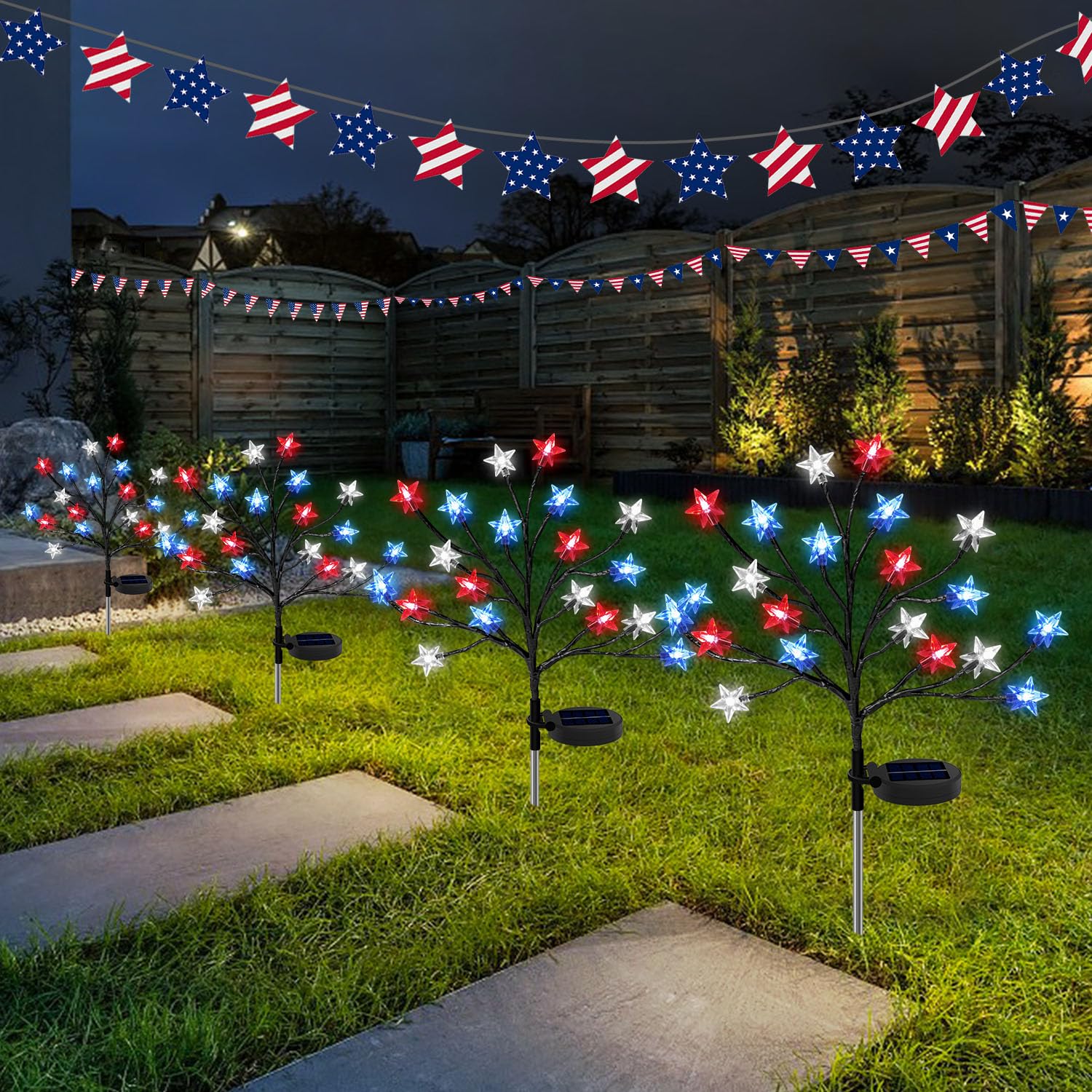 4th of July Solar Star Tree Lights Decorations Outdoor