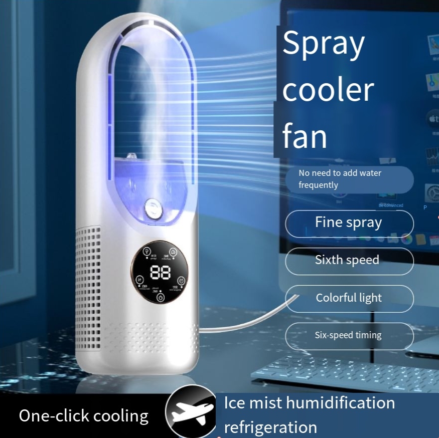 Portable USB Air Cooler Leafless Electric Fan 6 Speed Silent Timer Air Conditioner Cooling Fan Humidifier Conditioning Fan
