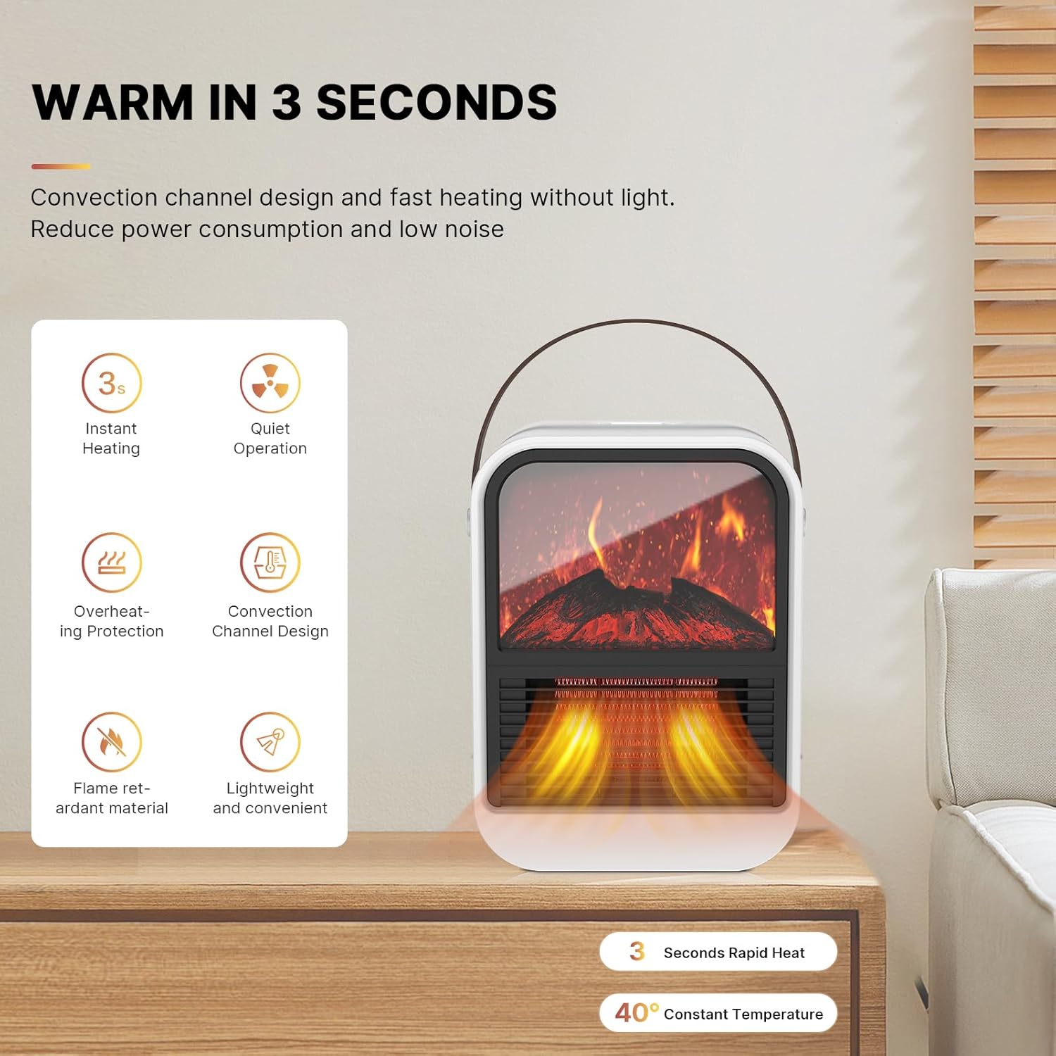 1000W PTC Safe Retardant Noise-Free 3D Flame Space Heater