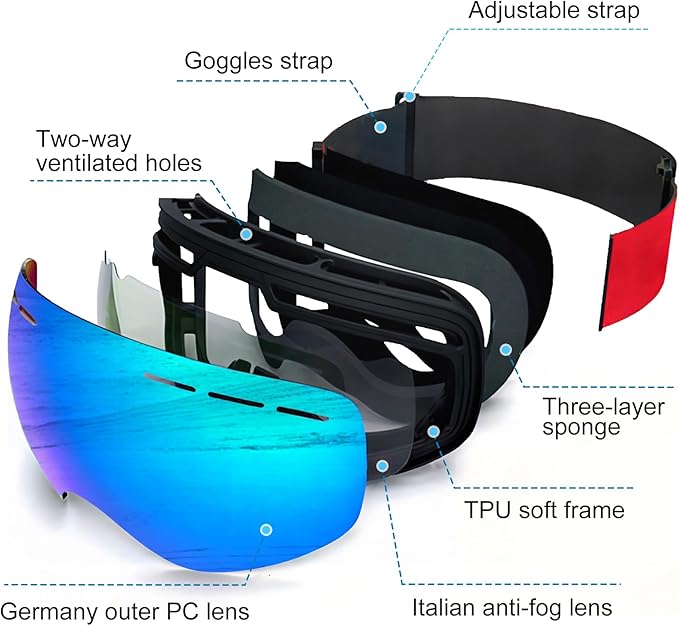 Ski Goggles with UV Protection, Anti Fog Over Glasses