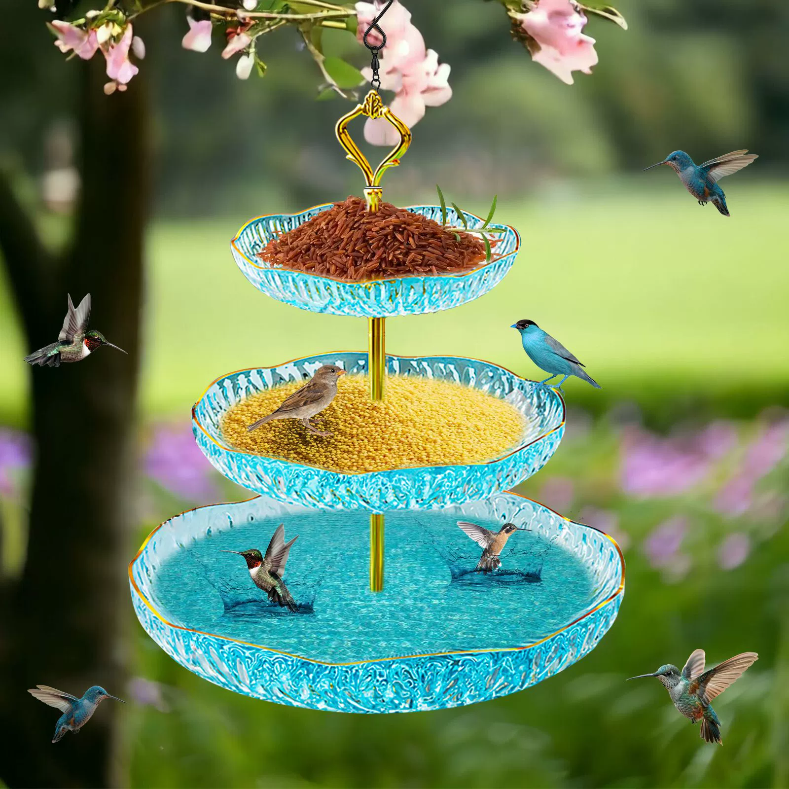 New Outdoor Garden Hanging Bird Feeder & Bath