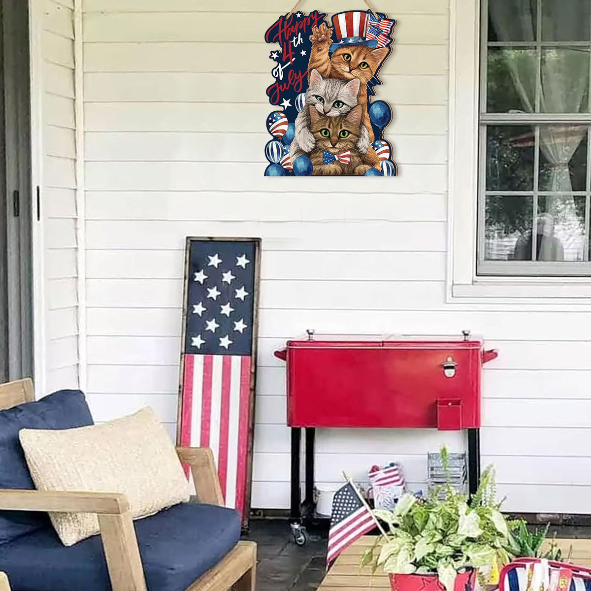 Spring's Furry Welcome!-Black Cat Doorplate with Daisy Wreath-Patriotic Cat Lover's Dream!