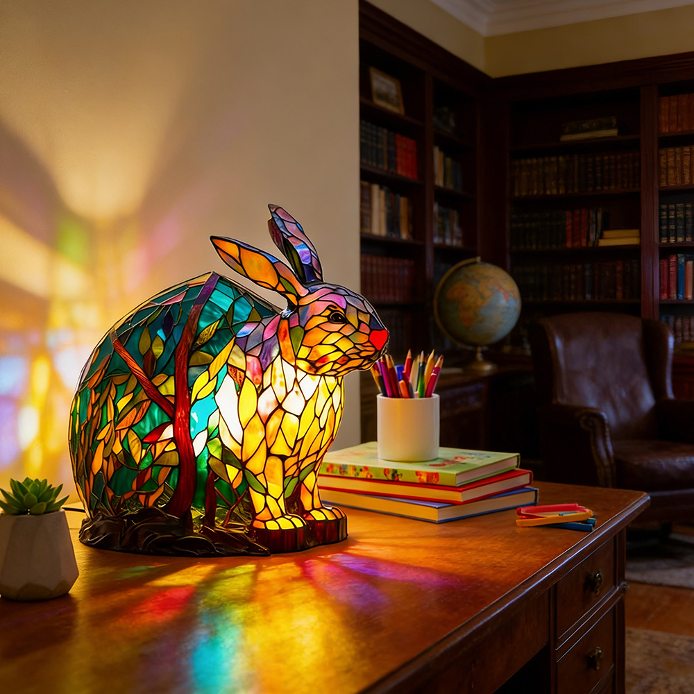Tiffany Stained Glass Style Forest Bunny Lamp