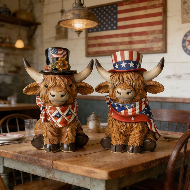 🐂 Patriotic Highland Cow Figurine Set – 250th Anniversary Tribute 🇺🇸✨