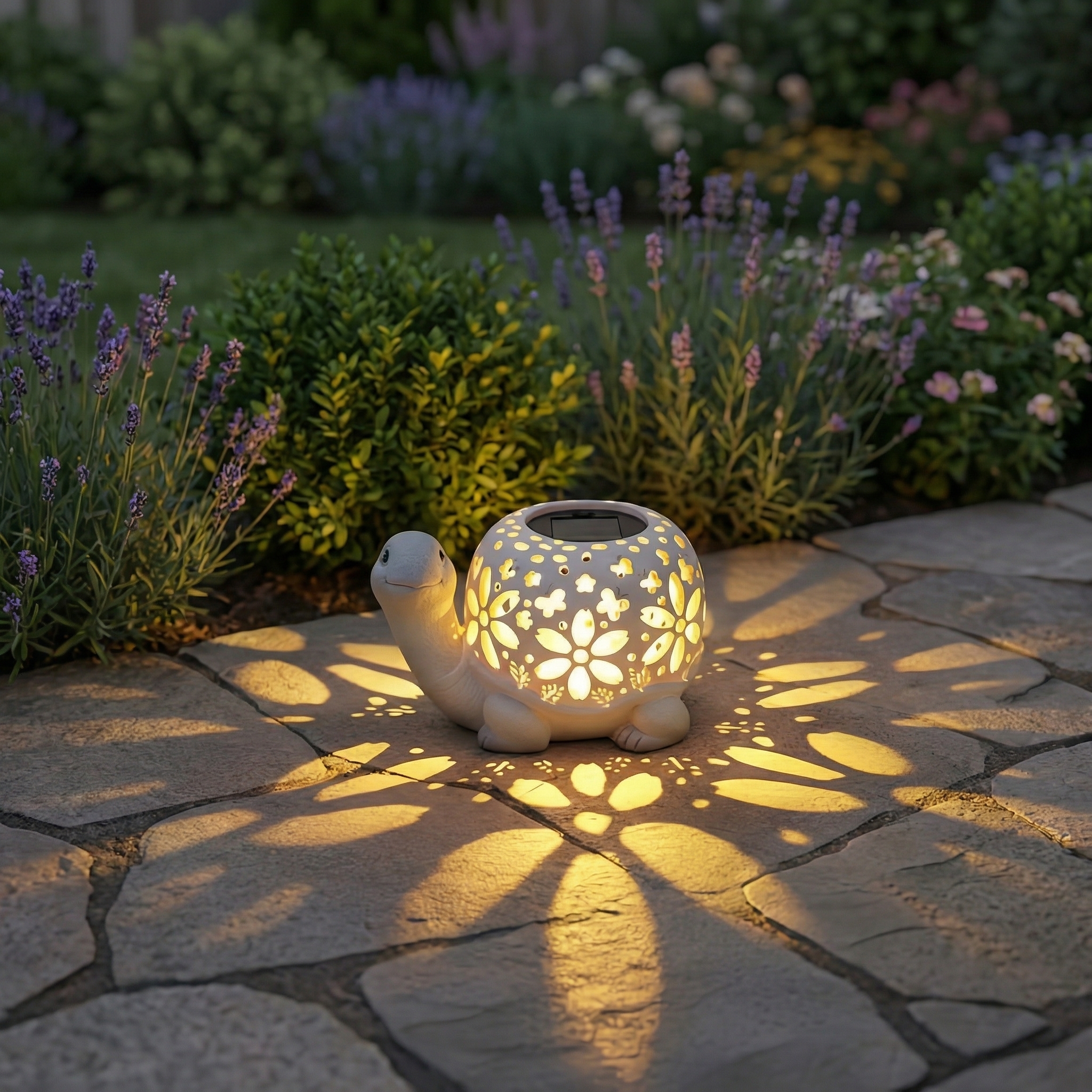Turtle Glow Solar Garden Lantern With Floral Cutout Shell