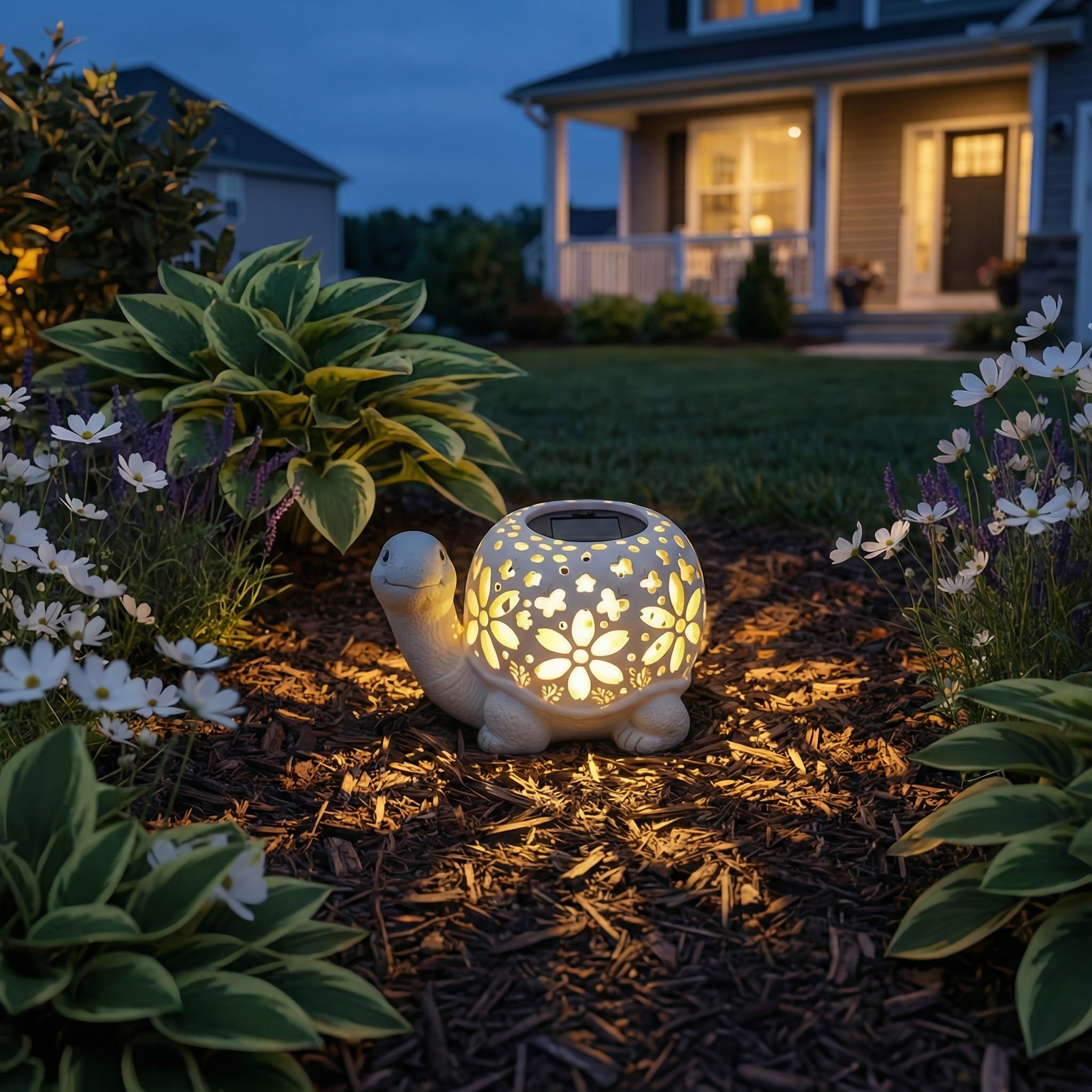 Turtle Glow Solar Garden Lantern With Floral Cutout Shell