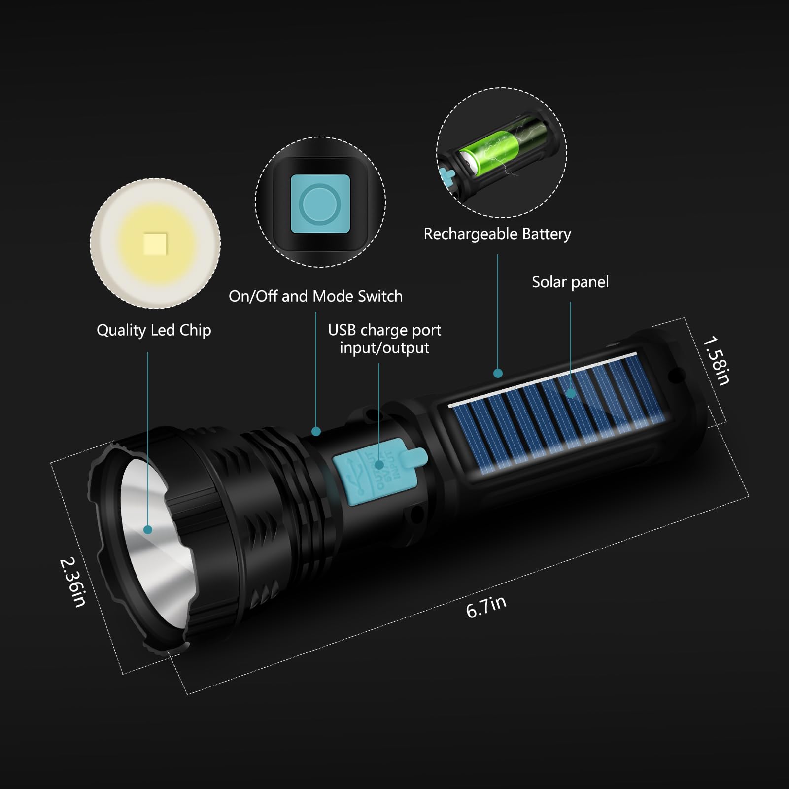 Solar/Rechargeable Multi Function LED Flashlight
