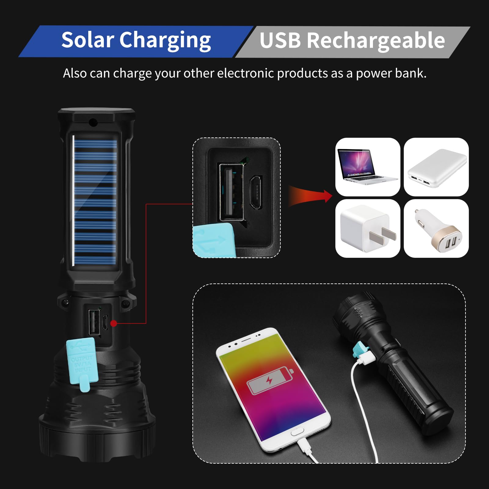 Solar/Rechargeable Multi Function LED Flashlight