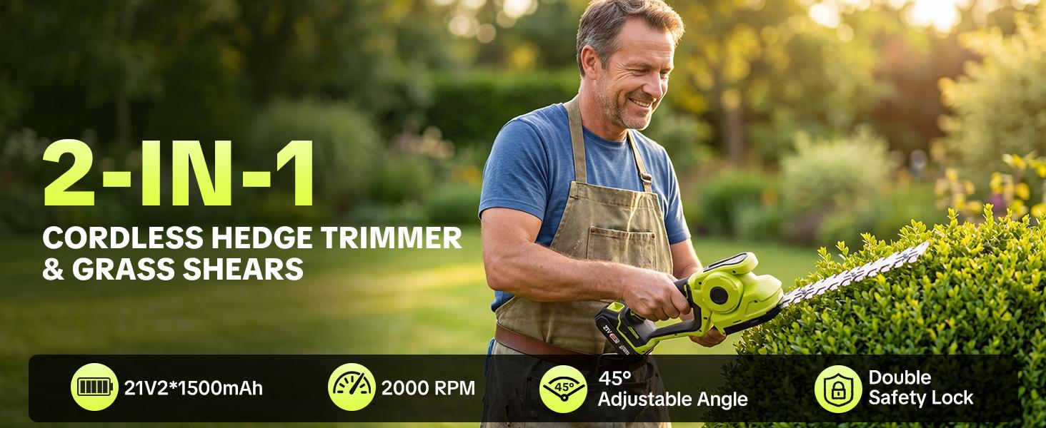 【FathersDayGift】SEESE Cordless 2-in-1 Grass Shear & Shrub Trimmer, Handheld Electric Hedge Trimmer, 2*21V Batteries,Lightweight for Lawn Hedge Garden Yard Maintenance fathersdaygift