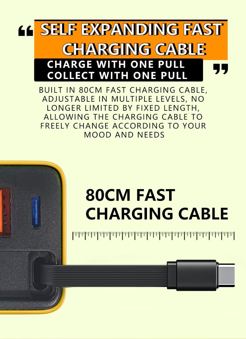 Product Introduction of TOBRBE 3 in 1 GaN Charger, Retractable 80W MAX Fast Charger Block with Type-C Cable & 2 USB Ports, Portable Adapter iPhone Smartphone Electronic, Yellow, Cellphone, Folding Charging 6