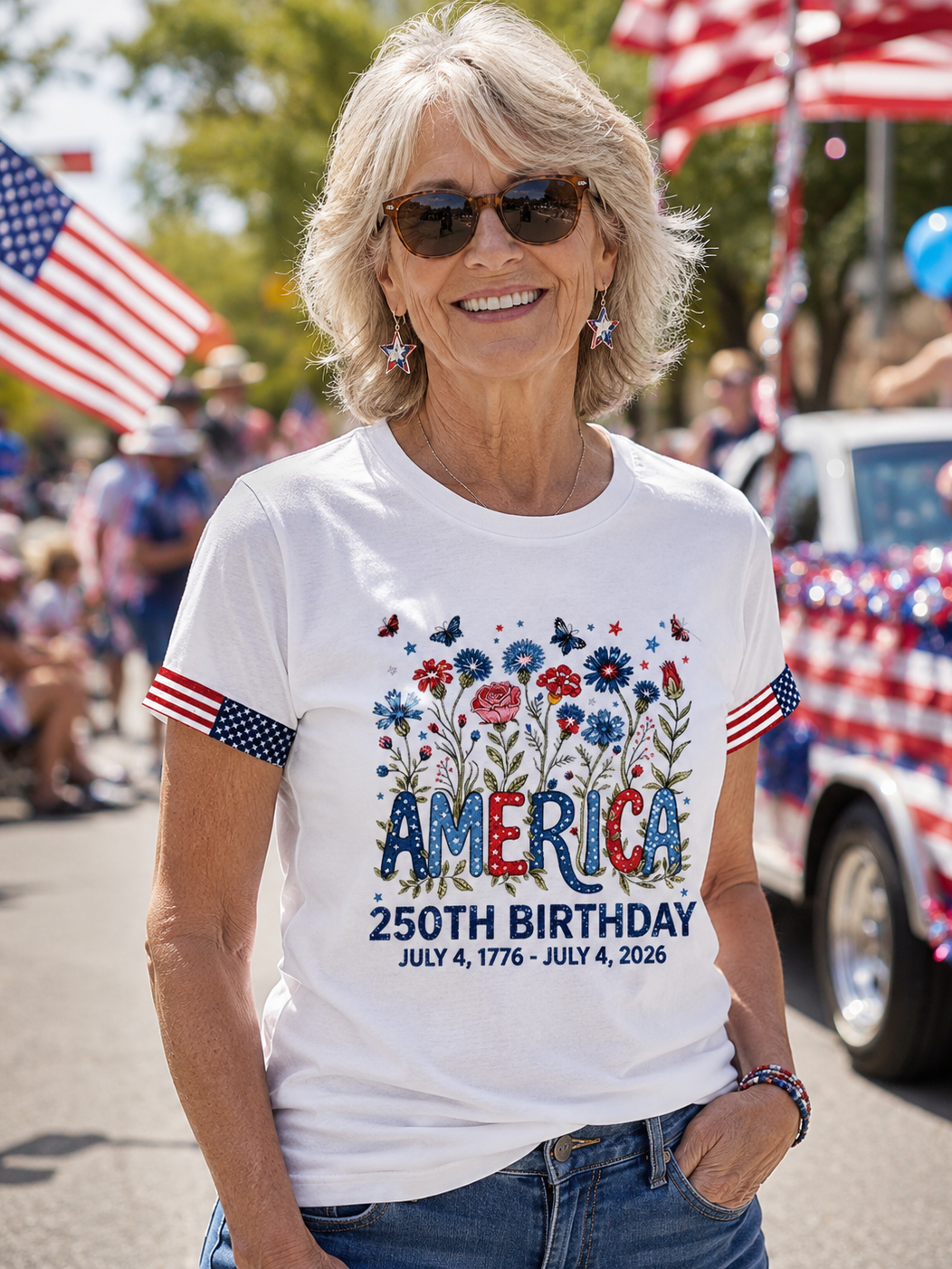 🔥Women's 250 Years Of Freedom Flower Art Print T-shirt