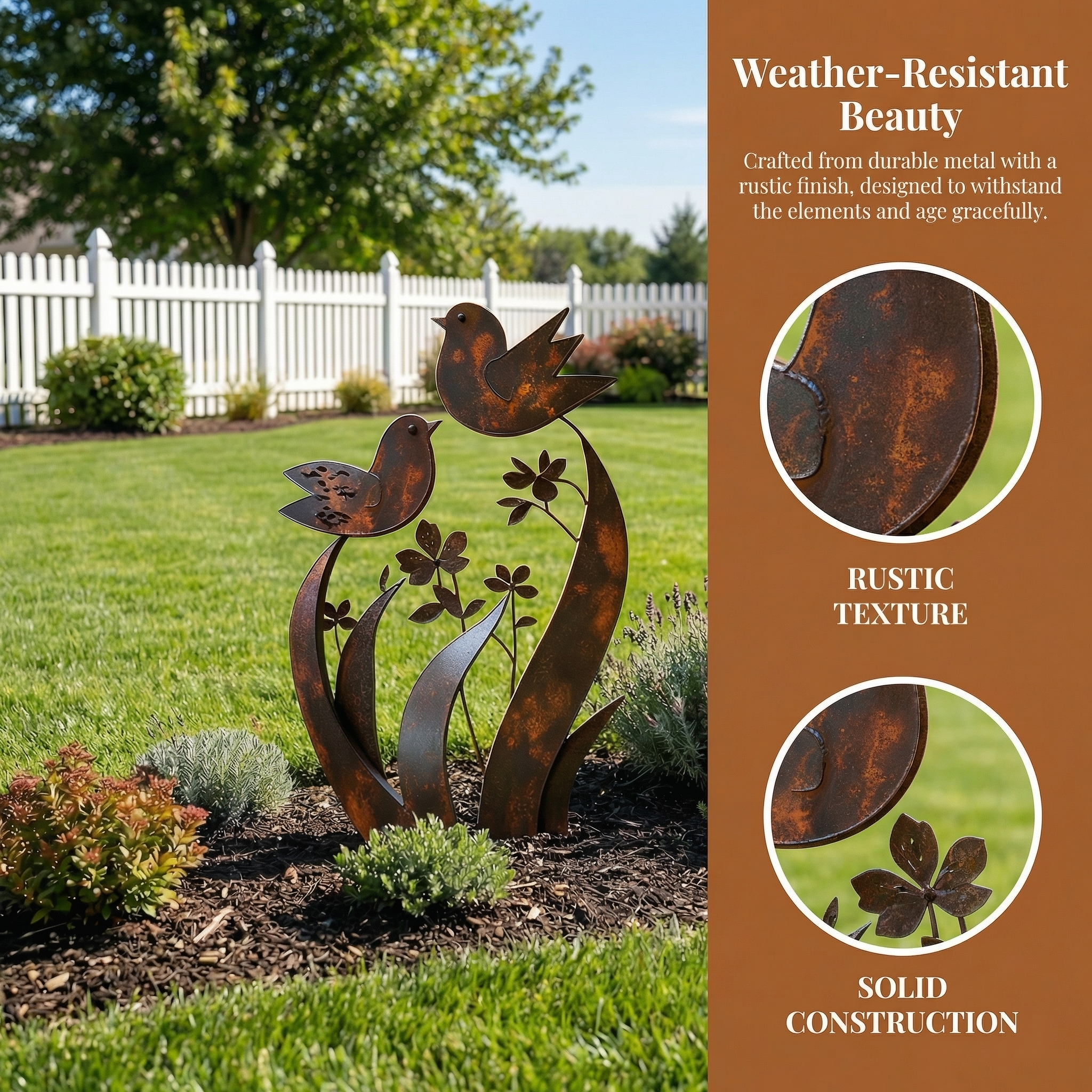 Rustic Bird & Wildflower Metal Garden Stake