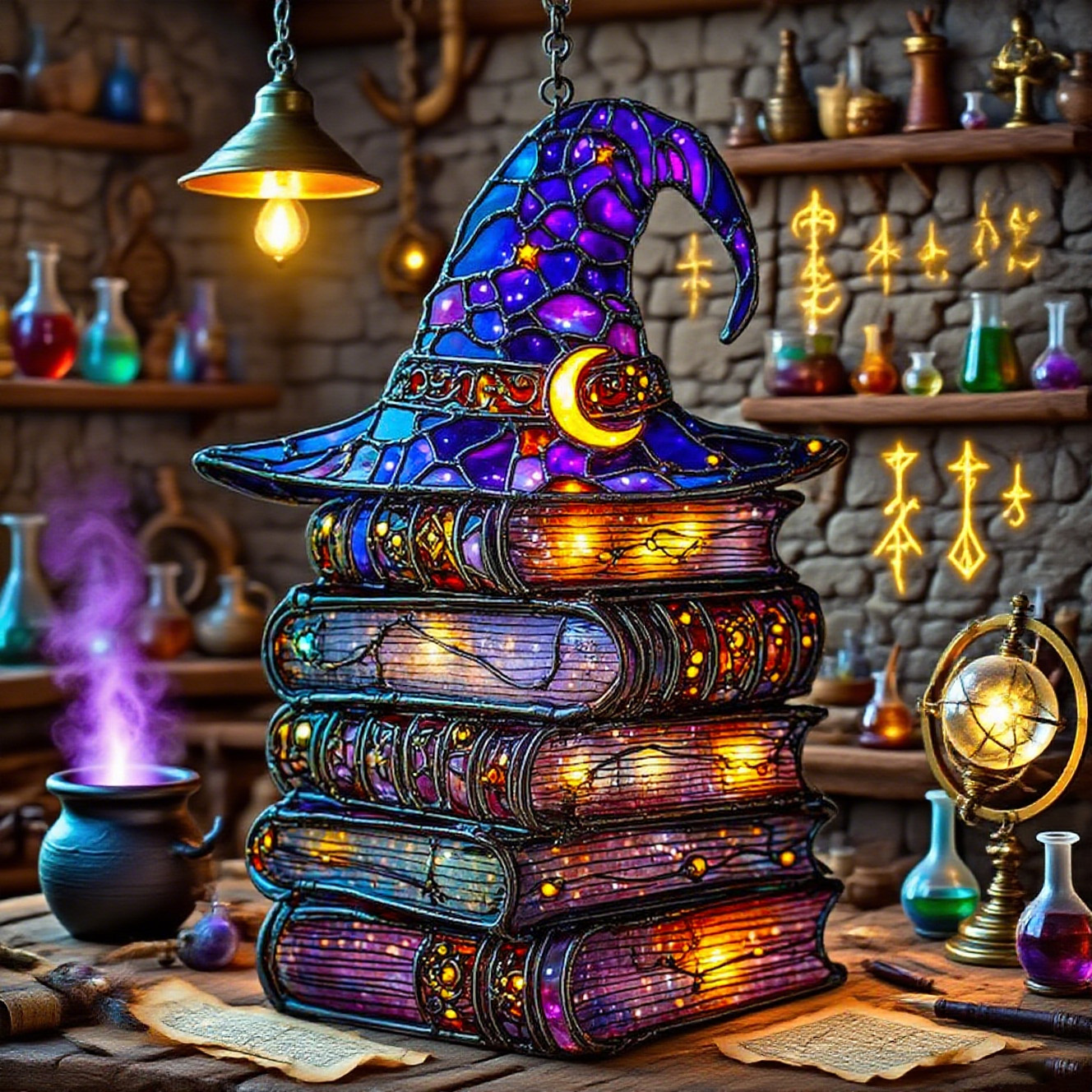 Wizard’s Hat Suncatcher – Starry Night, Spellbooks & Arcane Charm 