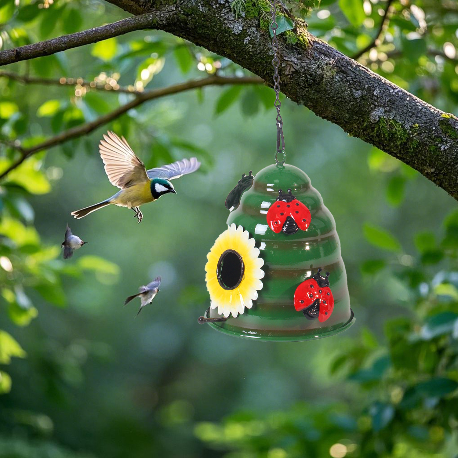 Metal Honeycomb Birdhouse With Bees And Flower