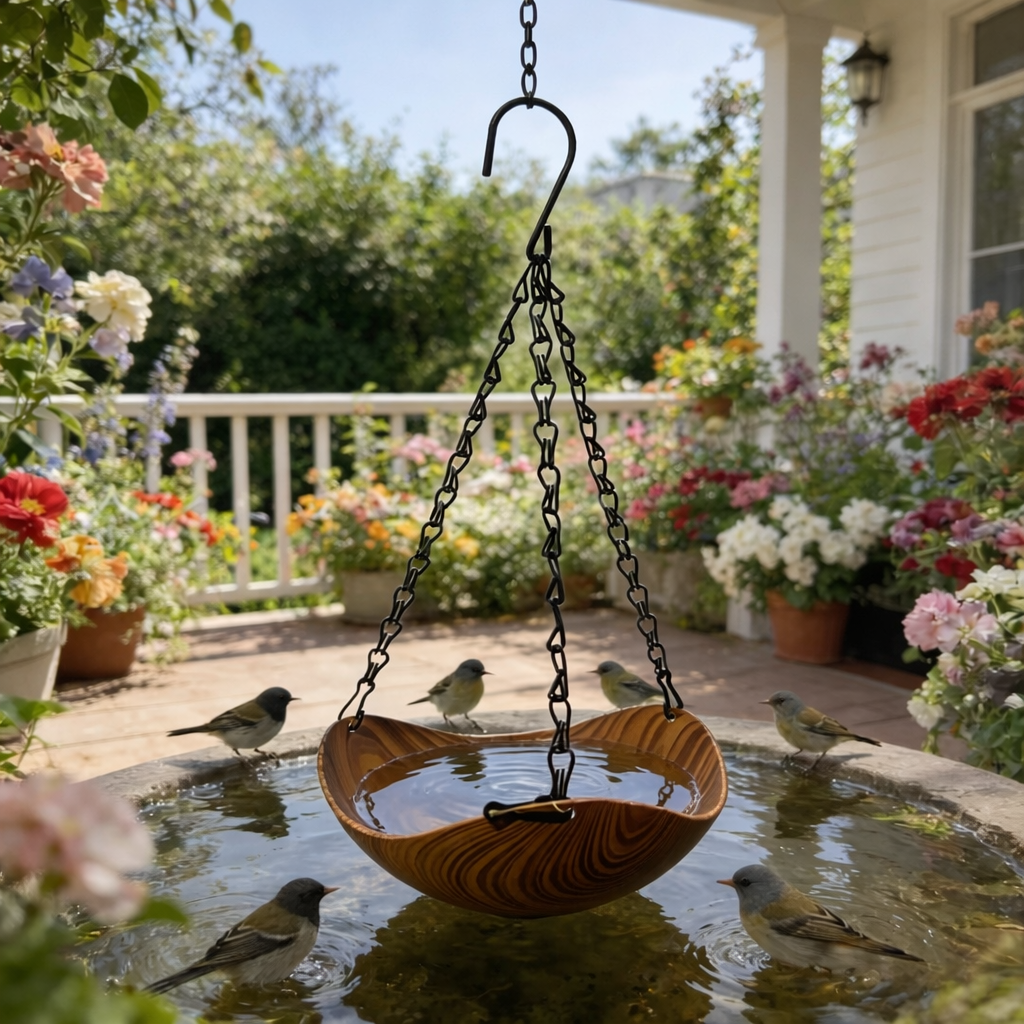 Hanging Wooden Bird Bath & Feeder – Dual Purpose Garden Decor
