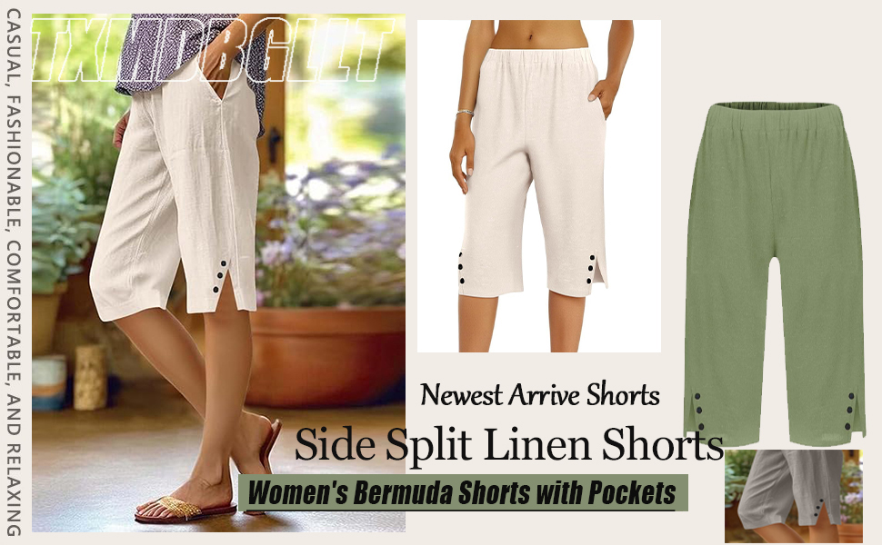 Linen Bermuda Shorts for Women Knee Length Casual Summer Linen Capri Pants Beach Shorts