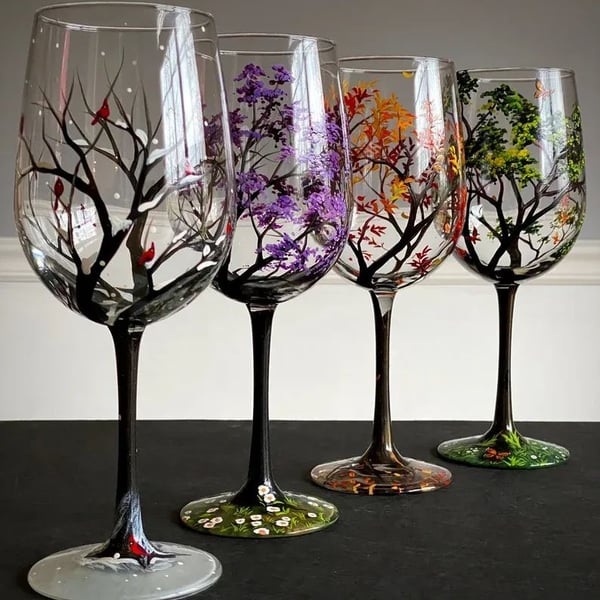 Four Seasons Tree Wine Glasses - Hand Painted Art 8 Reviews